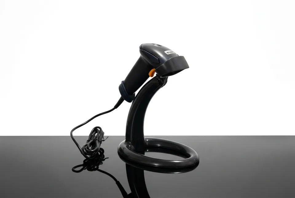 AUROK BR1000 1D wired barcode scanner with stand promotional view