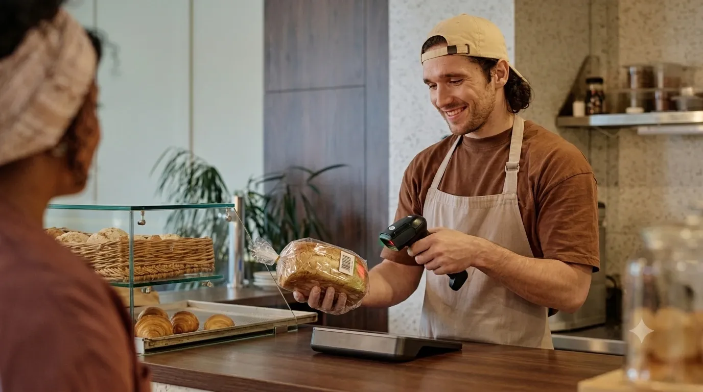 AUROK BR1200 2D barcode scanner scanning a QR code on a retail product label